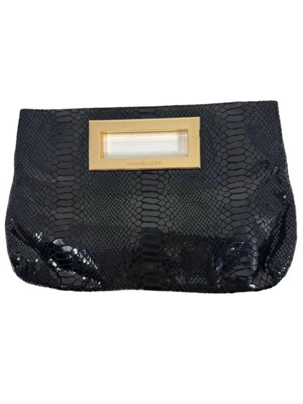 MICHAEL KORS - Berkeley Clutch Bag Black Snakeskin Pattern Patent Leather Gold